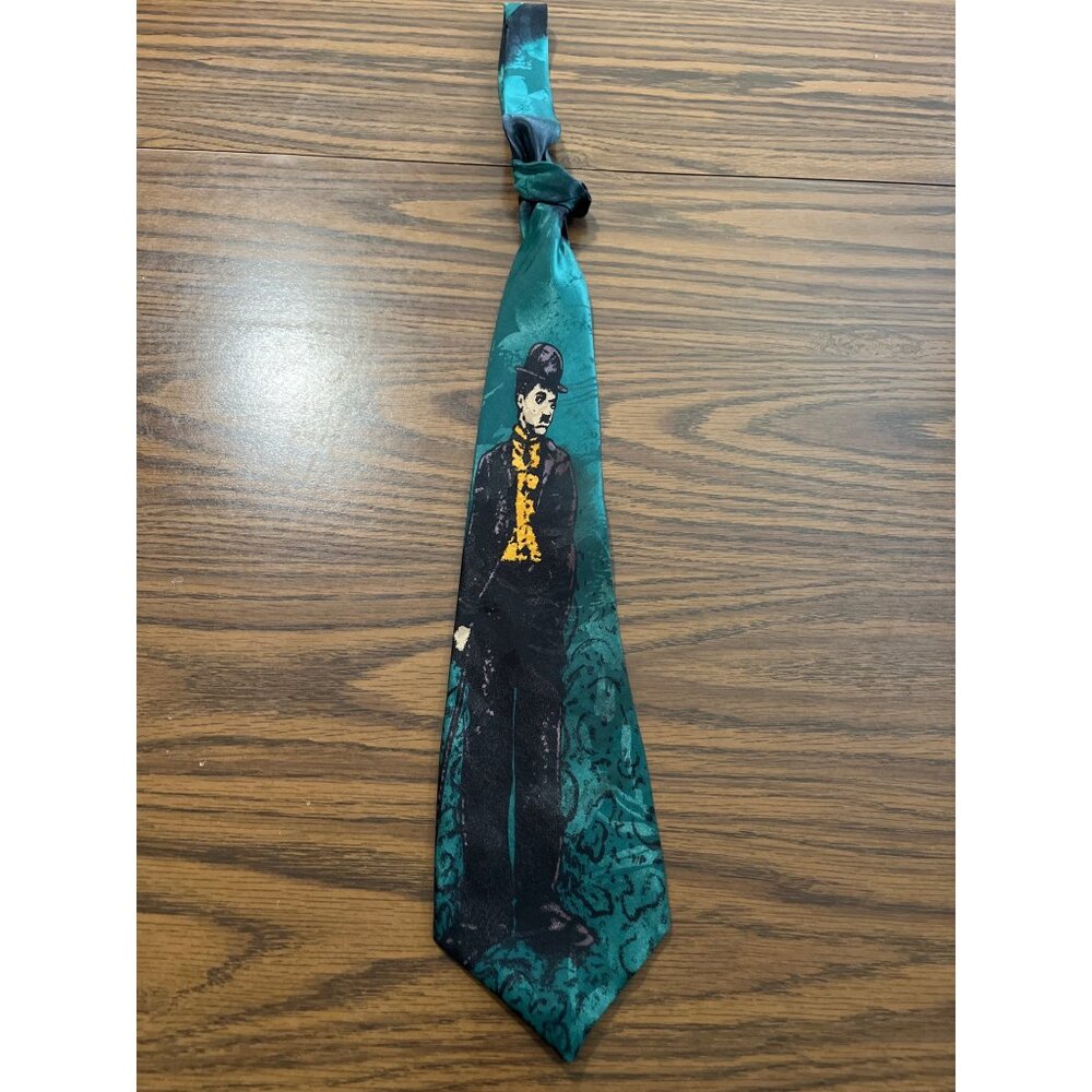 Dimoda hand made forest green neck tie with Charlie Chaplin